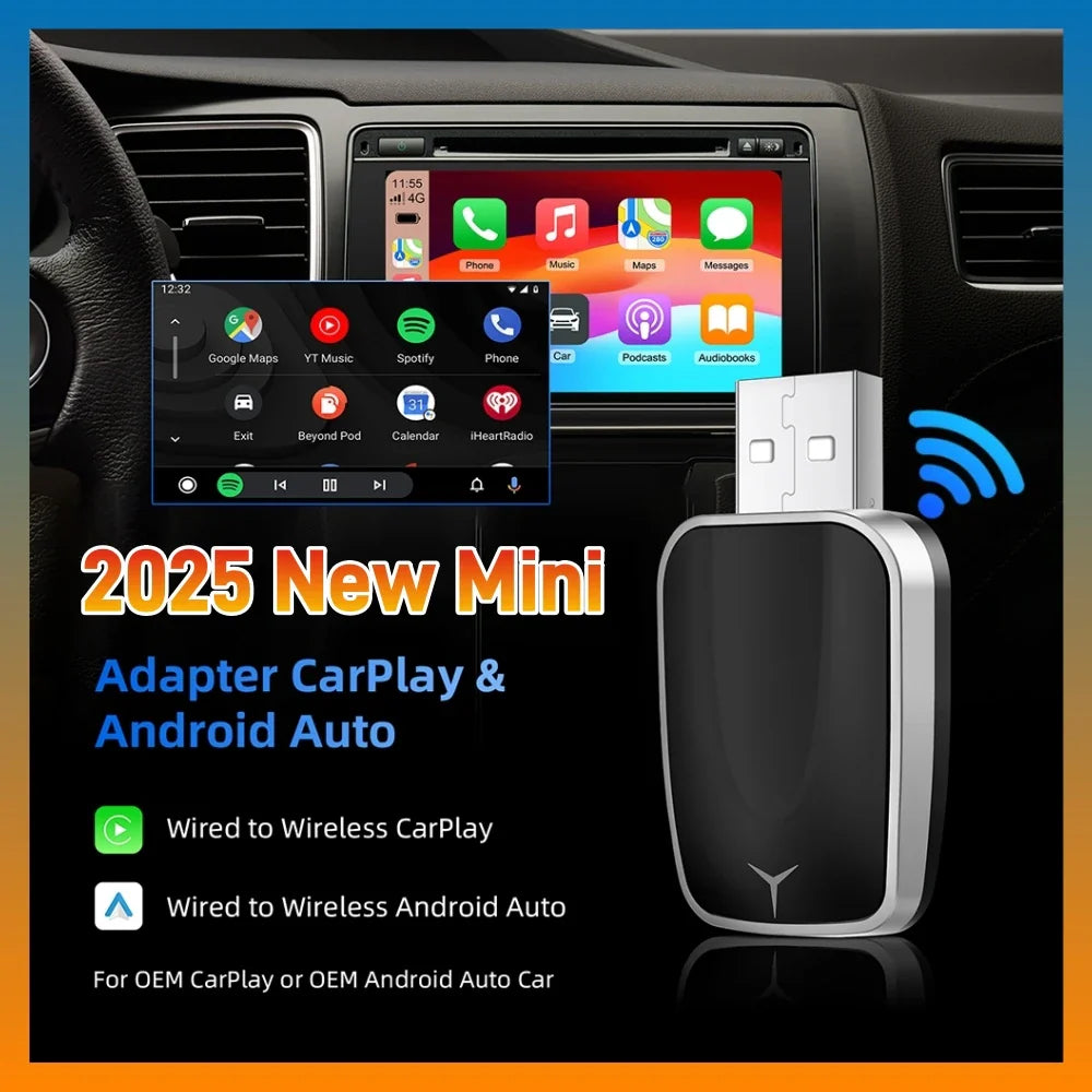 2-in-1 AI Box Mini Adapter – Wired to Wireless CarPlay & Android Auto, Plug and Play WiFi Smart Dongle, Compatible with 99% of Cars