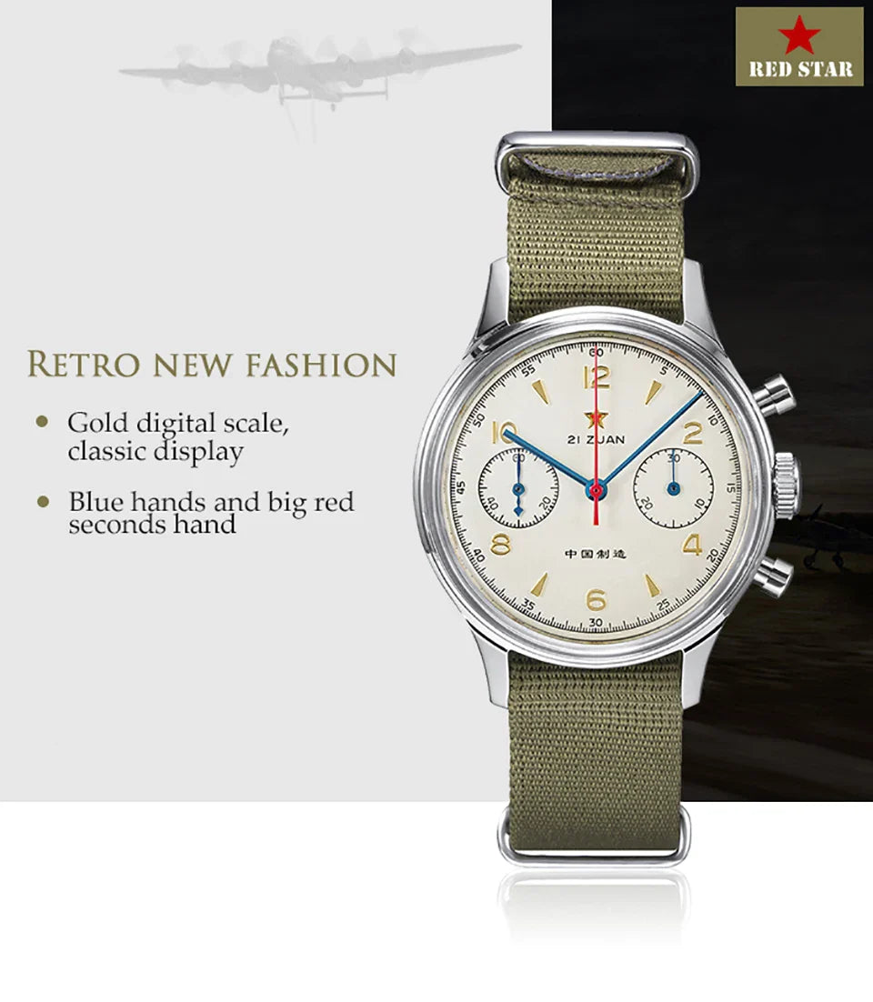 RED STAR 1963 Men's Chronograph Watch - 38mm Pilot Design with Seagull ST1901 Movement & Sapphire Glass