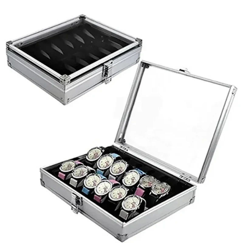 Aluminium Watch Storage Box — 12-Slot Jewelry Display Case with Suede Interior