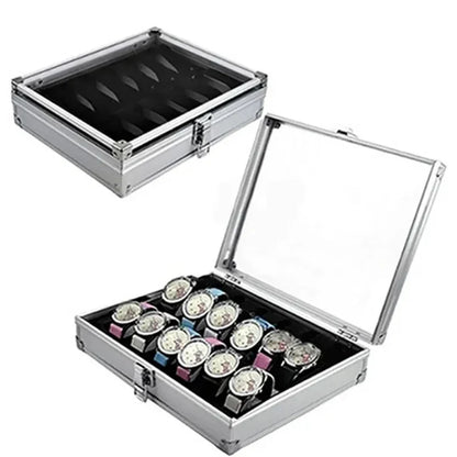 Aluminium Watch Storage Box — 12-Slot Jewelry Display Case with Suede Interior