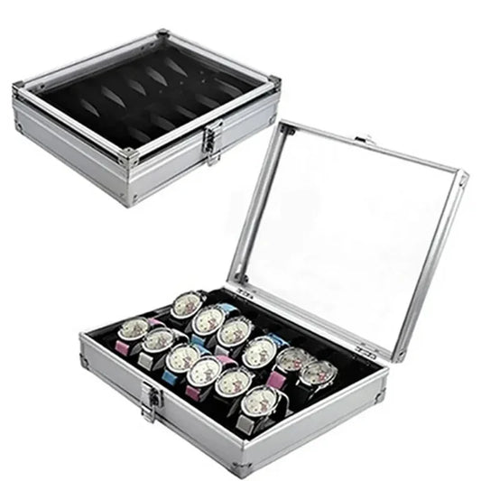 Aluminium Watch Storage Box — 12-Slot Jewelry Display Case with Suede Interior