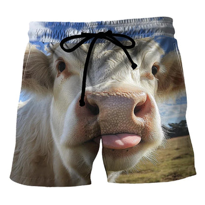 Funny Cow Print Beach Shorts - Men’s 3D Animal Print Summer Swim Trunks