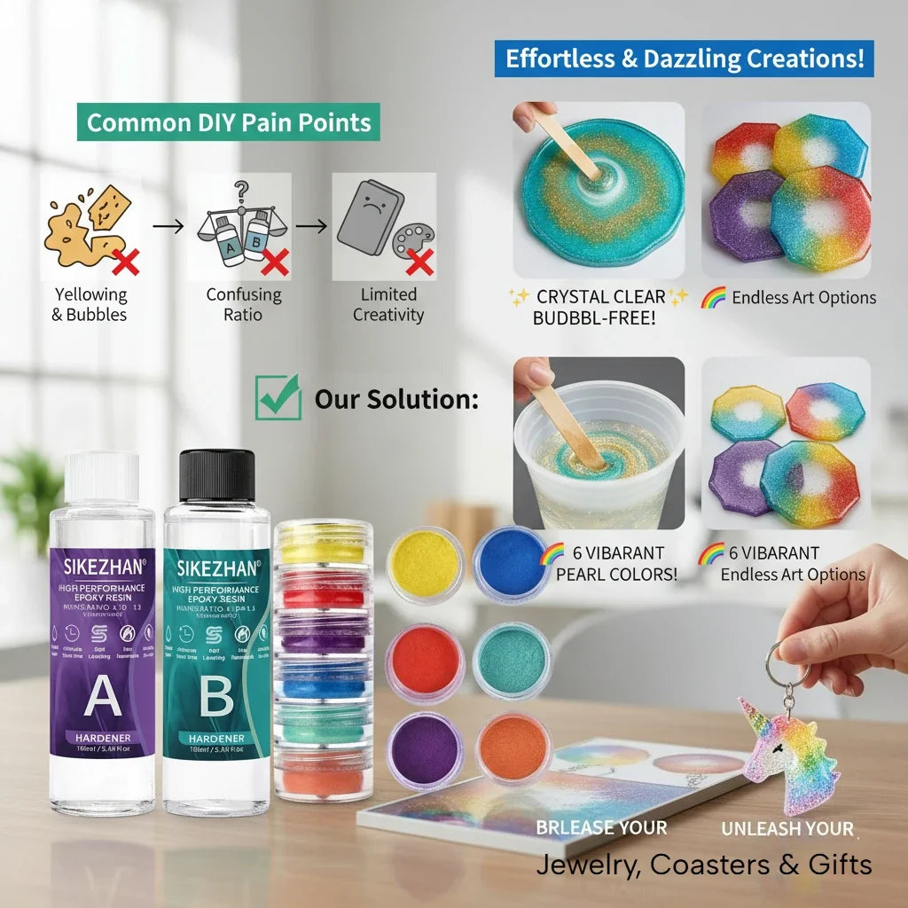 Crystal Clear Epoxy Resin Kit - AB Resin Glue with 6 Color Mica Powder for DIY Jewelry, Nail Art, Soap & Craft Casting