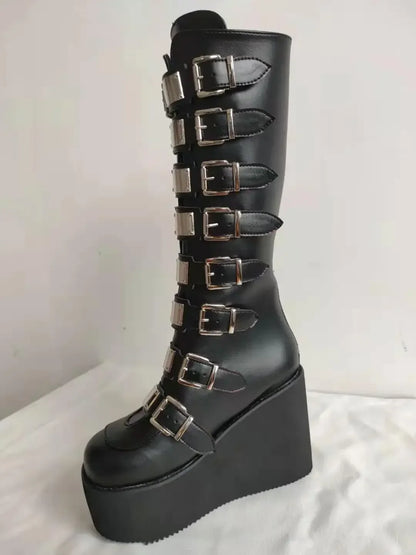 Women’s Gothic Boots – Cosplay High Heel Platform Wedges, Buckle Strap Long Tube Leather Boots, Plus Size Options