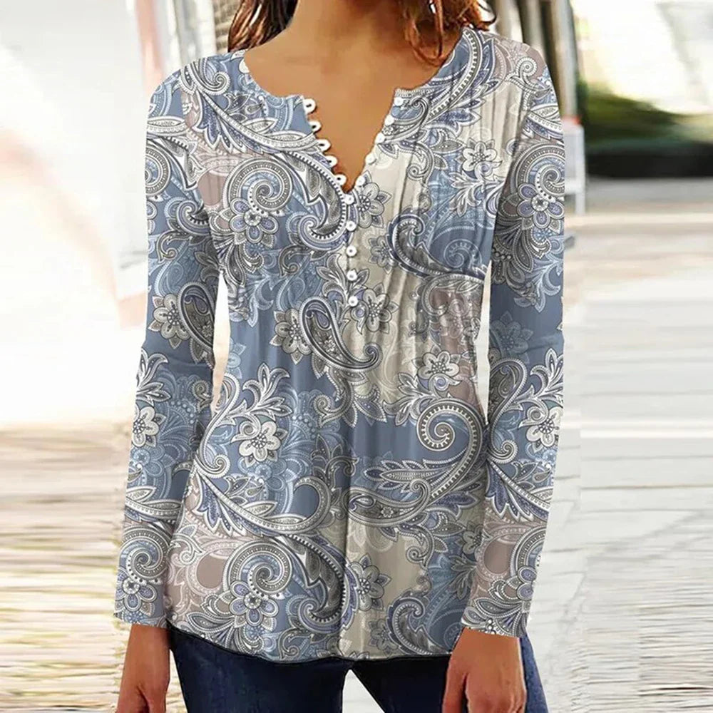 2024 Trendy 3D Printed Women’s Blouse Shirt – V Neck Button-Up 3/4 Sleeve Elegant Spring Summer Fashion Top
