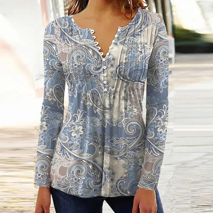 2024 Trendy 3D Printed Women’s Blouse Shirt – V Neck Button-Up 3/4 Sleeve Elegant Spring Summer Fashion Top