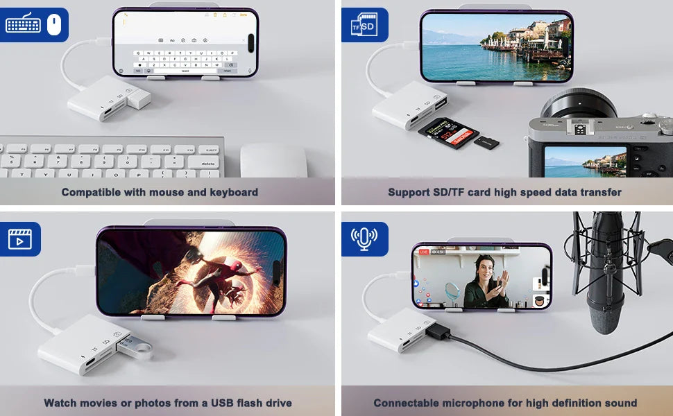 4-in-1 USB Card Reader – SD/TF Card Adapter for iPhone 14/13/12/11 Pro Max & iPad, Lightning Fast Charging for MacBook & Camera