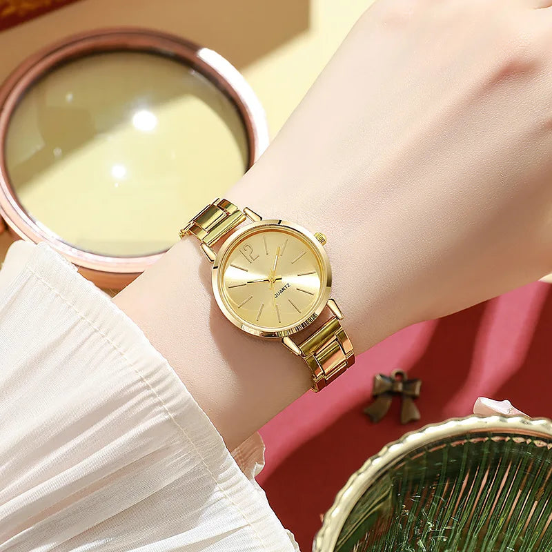 2PCS Set Luxury Women's Watches – Simple Dial, Hollow Strap Gold Bracelet Quartz Wristwatch for Students & Ladies