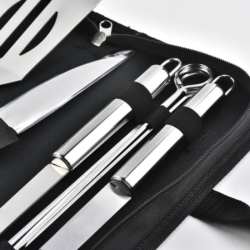 Stainless Steel BBQ Tool Set - Outdoor Barbecue Combo with Portable Storage Cloth Bag, Oven and Baking Tools