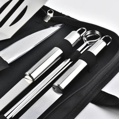 Stainless Steel BBQ Tool Set - Outdoor Barbecue Combo with Portable Storage Cloth Bag, Oven and Baking Tools