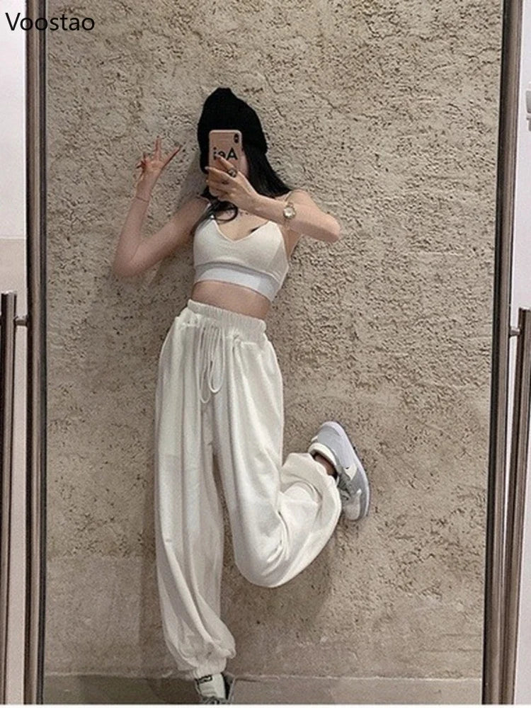 Women's White Wide Leg Jogger Sweatpants - Casual Fashion Sports Ankle-Length Trousers