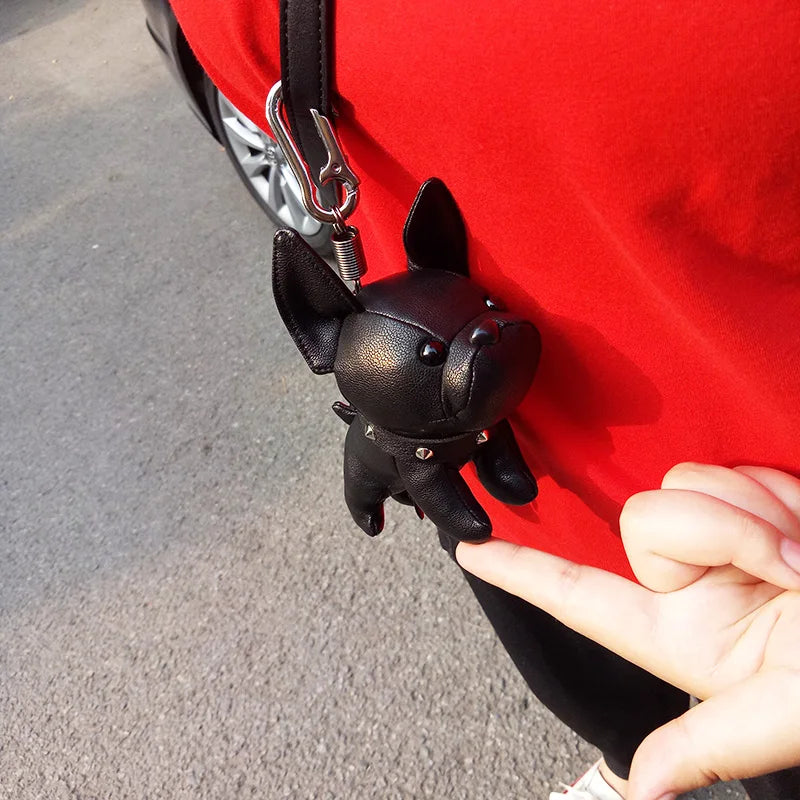 Punk French Bulldog PU Leather Dog Keychain — Fashion Bag Charm for Women Car Key Ring