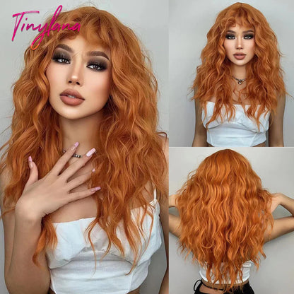 Orange Copper Ginger Long Wavy Synthetic Wig – Red & Yellow Wig with Bangs, Cosplay Body Wave, Heat-Resistant Hair for Women