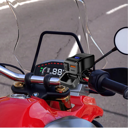 PD QC3.0 Motorcycle USB Fast Charger — 60W Dual USB Handlebar Socket with Switch & Voltmeter, Waterproof 12V Power Adapter