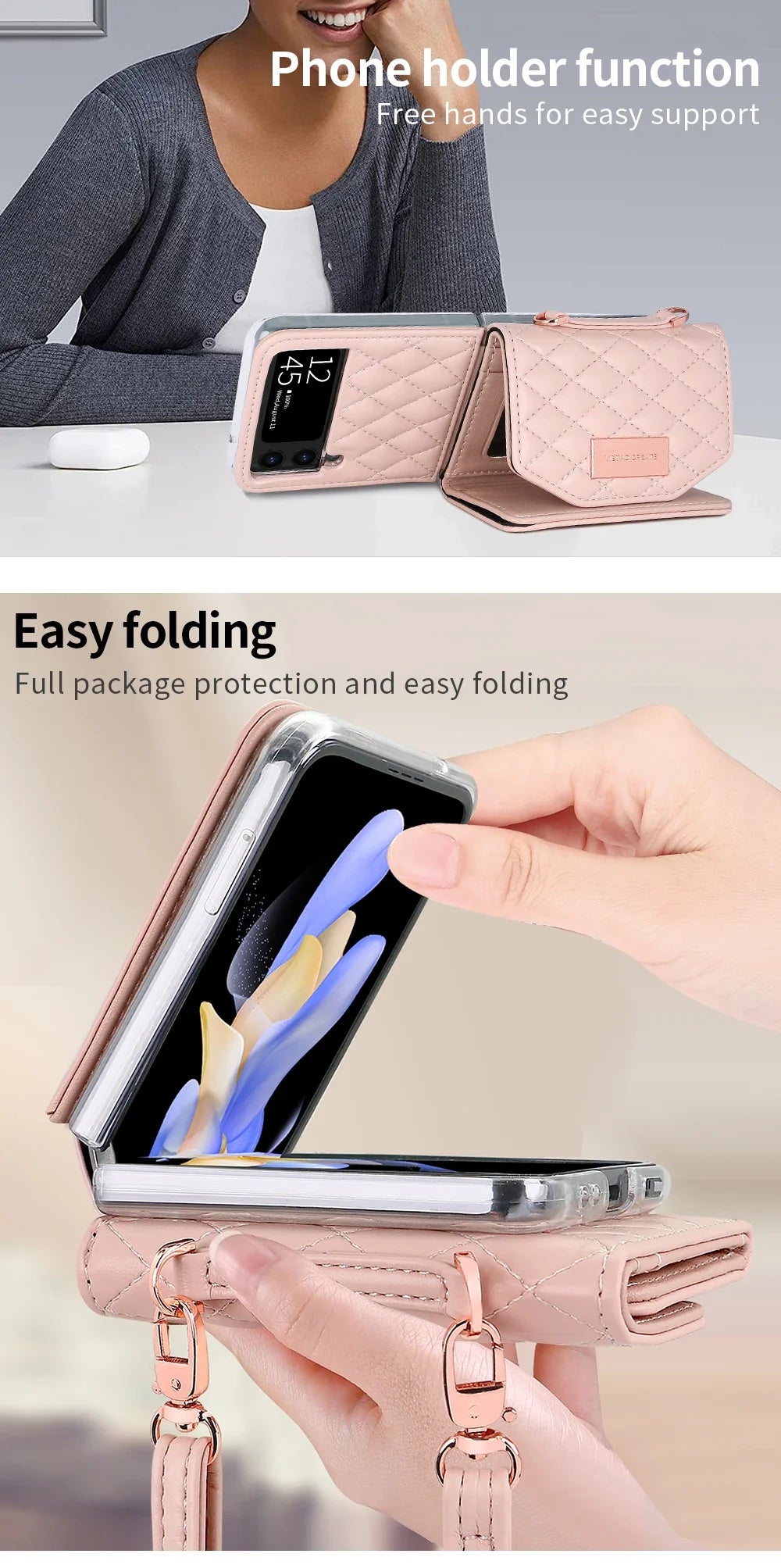 VIETAO Leather Wallet Phone Case with Crossbody Strap — Pink Purse Case for Samsung Galaxy Z Flip 3/4/5/6/7