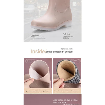 Women’s Fashion Mid-Tube Rain Boots – Wear-Resistant, Waterproof Rubber Shoes with Thick Sole, Non-Slip & Cotton Lining