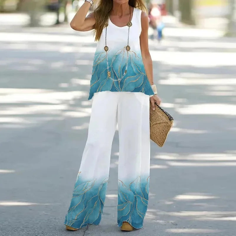 Women Printed 2-Piece Summer Suit Set – Sleeveless Round Neck Top & Wide Leg Pants Casual Loose Fit Outfit