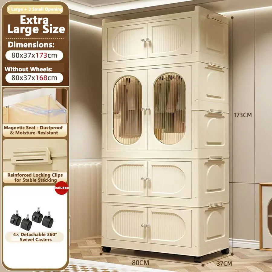 Foldable Storage Cabinet with Drawers – Dustproof Wardrobe Organizer for Home & Office