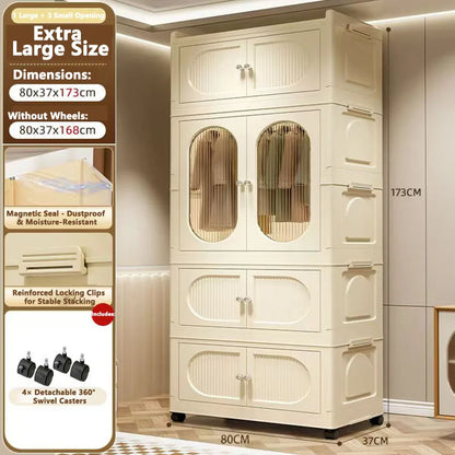 Foldable Storage Cabinet with Drawers – Dustproof Wardrobe Organizer for Home & Office