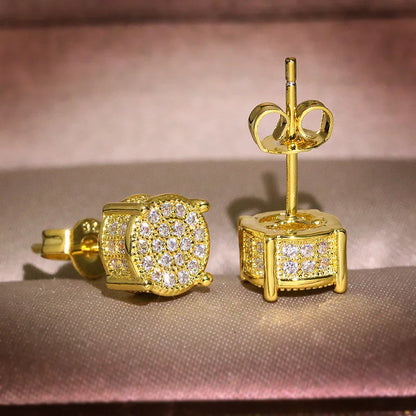 Austrian Crystal Round Earrings for Women – White Gold & Yellow Gold Color, White Zircon Hip Hop Wedding Stud Jewelry