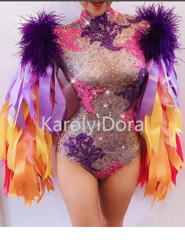 Colorful Feather Sleeve Rhinestone Bodysuit – Women’s Nightclub Party Dance Performance Costume