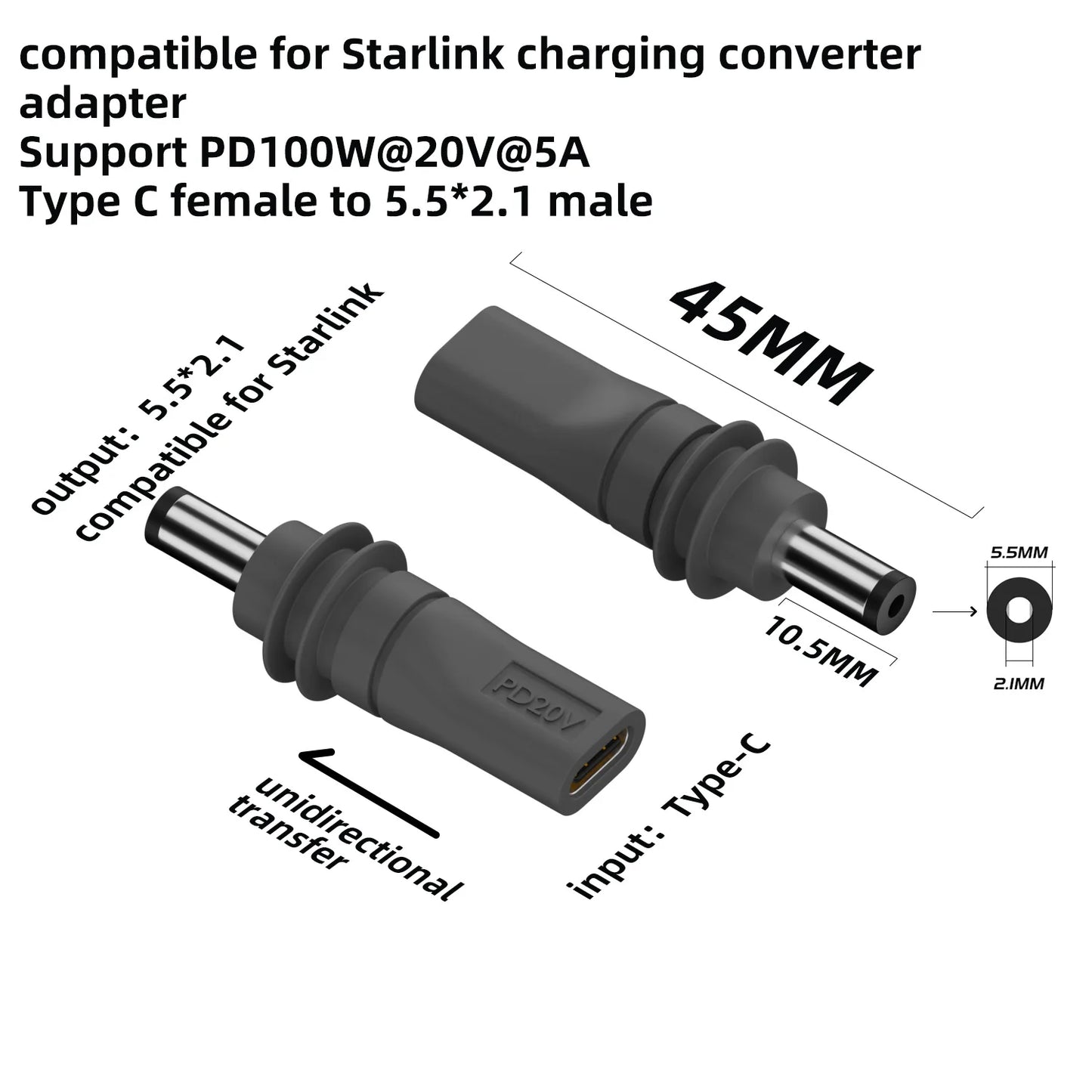 Starlink Mini 2M (6.6ft) DC Power Type-C Replacement Cable – Waterproof Outdoor Barrel Jack Charging Cable