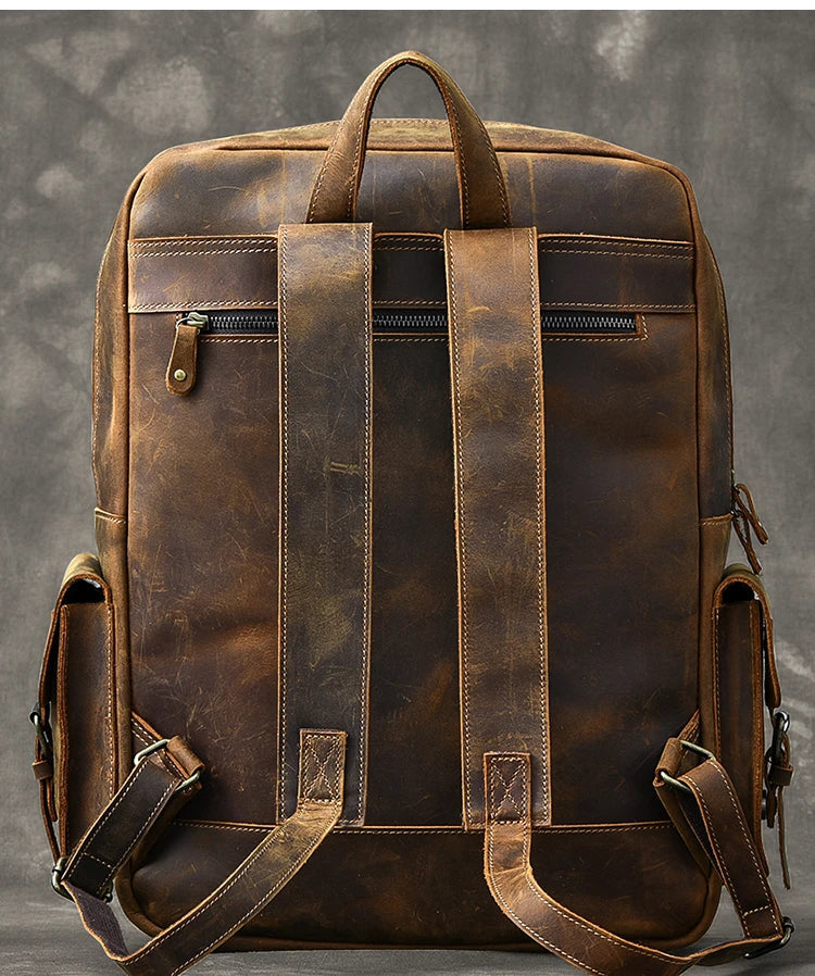 Vintage Crazy Horse Leather Backpack for Men — 17" Laptop Travel Rucksack Cowhide Hiking Bag M815