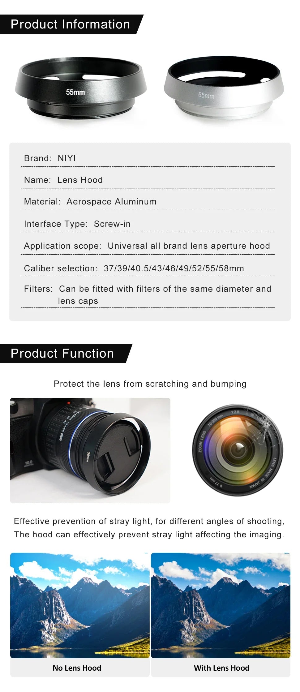 37-62mm Metal Hollow Camera Lens Hood — Compatible with Fuji Nikon Pentax Sony Olympus Canon