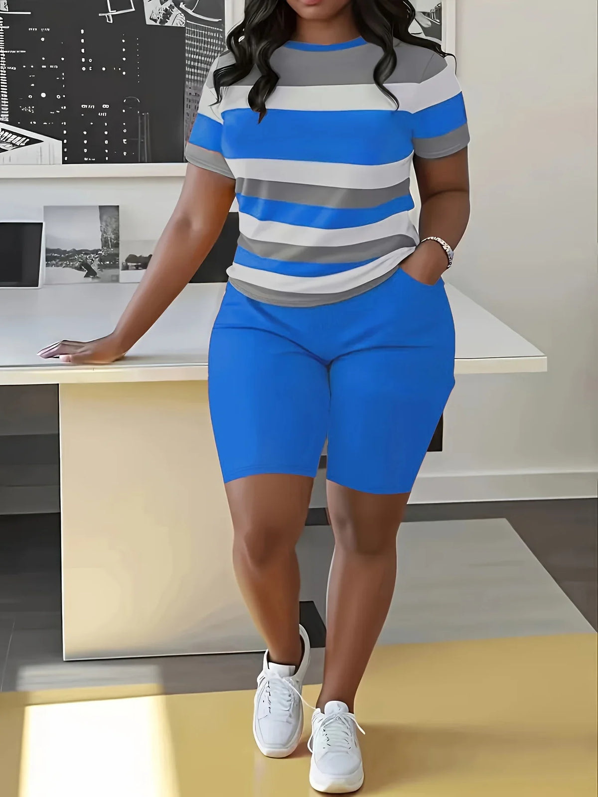 Plus Size Women’s Two-Piece Striped Outfit Set – Short Sleeve Top & High Waist Shorts Casual Summer Wear