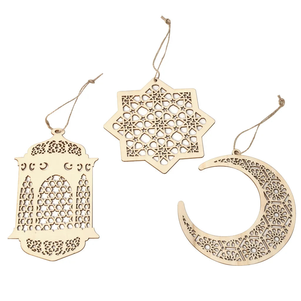 3Pcs Eid Mubarak Wooden Hanging Star Moon Pendants - DIY Ornament for Ramadan Kareem Home Decor and Gifts