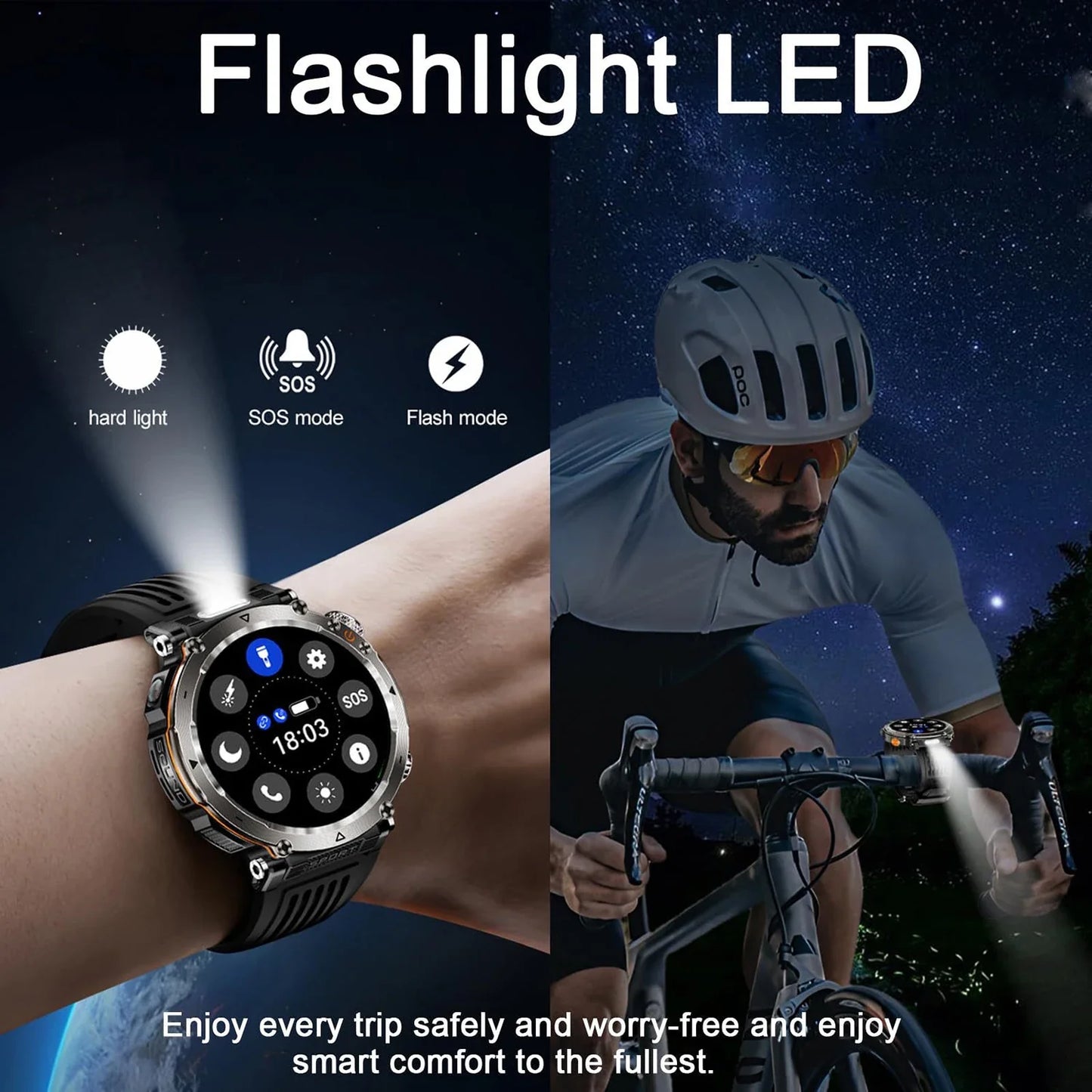 2025 5ATM Outdoor Smartwatch for Men – 600mAh Battery, LED Flashlight, Compass, Bluetooth Call, Heart Rate, IP68 Sports Watch