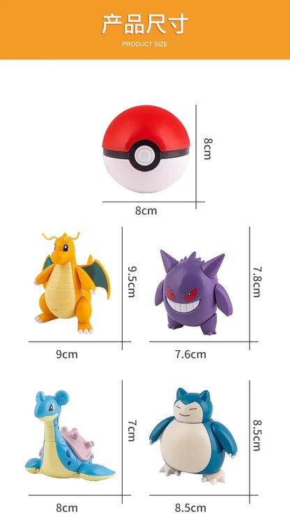 Pokemon Action Figures Set – Pikachu, Gengar, Dragonite, Snorlax & Pokeball Toys