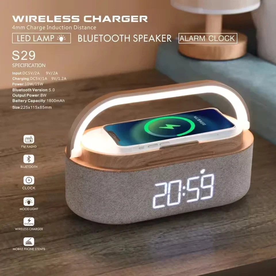Portable Bluetooth Speaker with Wireless Charging — FM Radio, Alarm Clock, Music Sound Box, Night Light & Charger Lamp