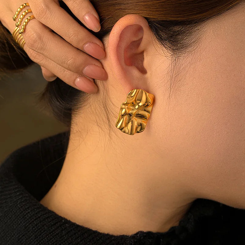 CARLIDANA 18K Gold Plated Titanium Steel Square Earrings – Waterproof Wrinkle-Shaped Jewelry