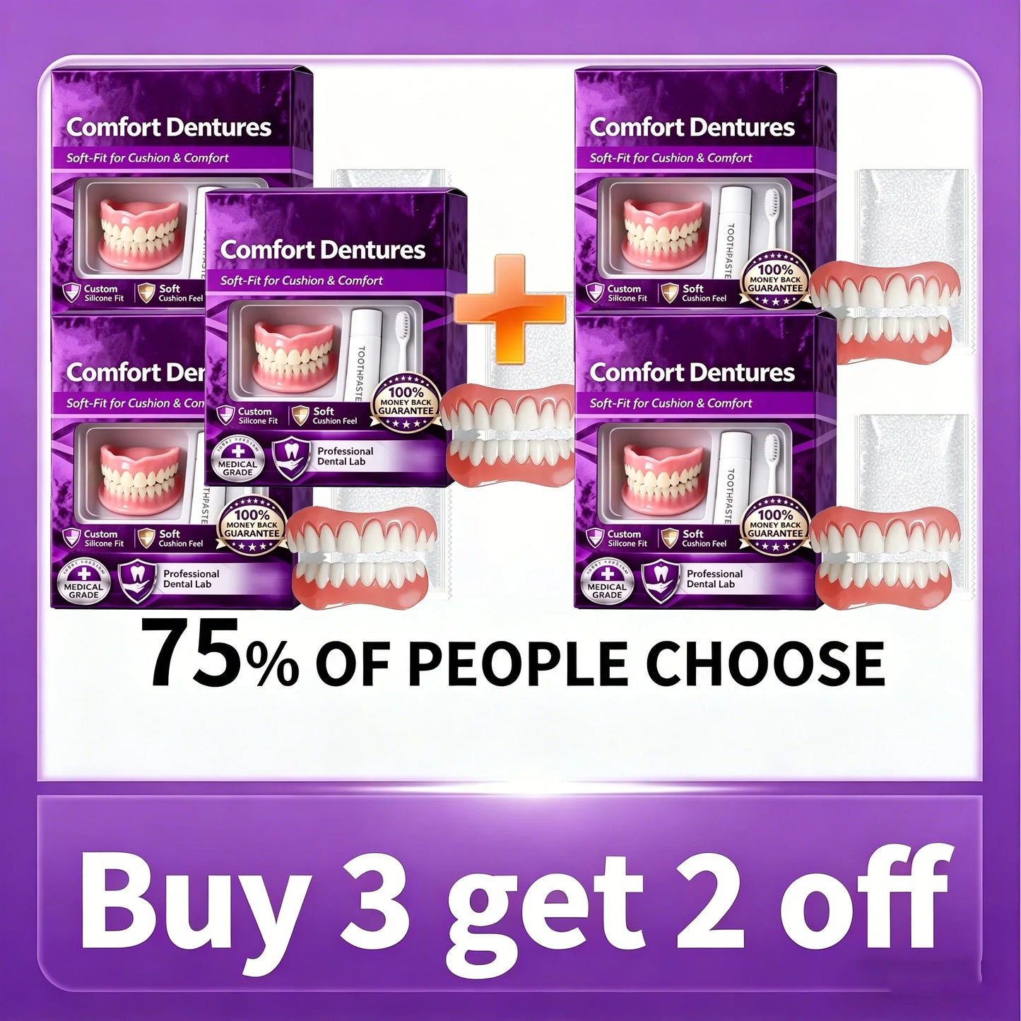 Full Upper & Lower Silicone Dentures Set - Comfort Fit Instant Smile Replacement Teeth