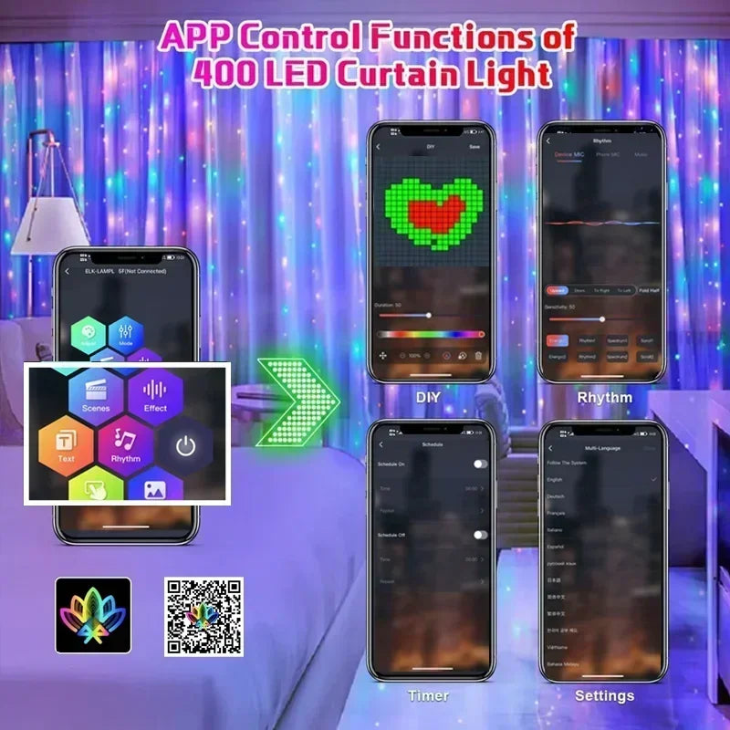400-LED Smart Curtain Lights RGB Bluetooth App Fairy String Lights for Bedroom & Window Decoration