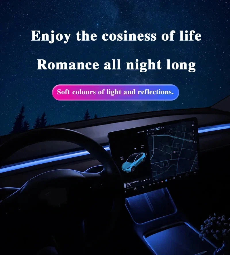 2-in-1 Dynamic Neon RGB Car LED Ambient Lighting – Auto OFF 60s Module for Tesla Model 3 & Y Dashboard Decoration