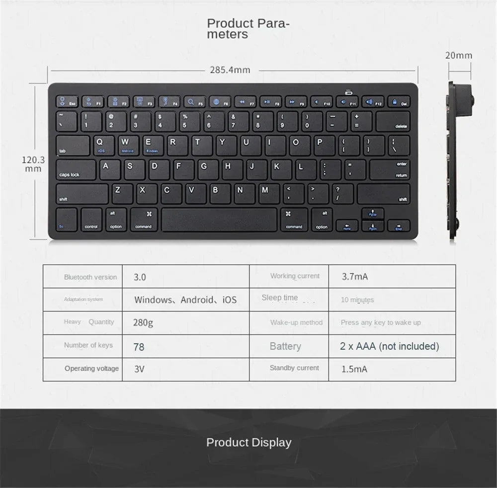 Mini Portable 78-Key Wireless Bluetooth Keyboard for PC, Tablet, iPad & Mobile Phones