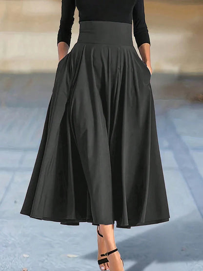 Women’s Solid Color A-Line Skirt – High Elastic Waist Long Elegant Skirt with Bow Detail Casual Fashion Skirt for Women Clothing