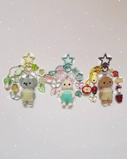 Caramel Cat Flocked Plush Keychain - Super Cute Animal Family Bag Charm & Accessory
