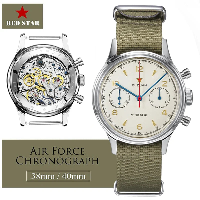 RED STAR 1963 Men's Chronograph Watch - 38mm Pilot Design with Seagull ST1901 Movement & Sapphire Glass
