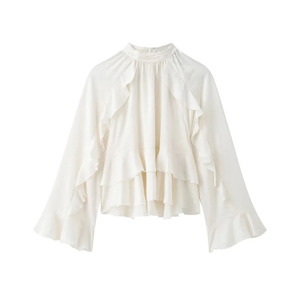 Women’s Long Sleeve Ruffled Blouse – Stand Collar Elegant Chic Fashion Shirt