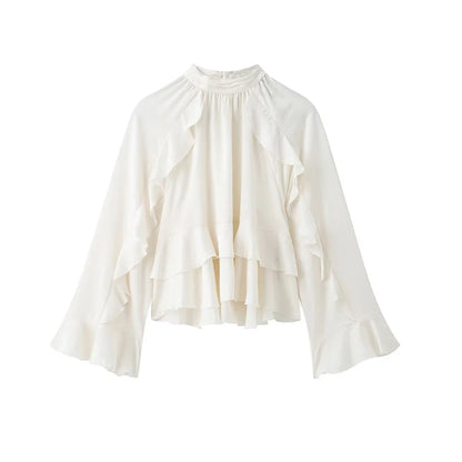 Women’s Long Sleeve Ruffled Blouse – Stand Collar Elegant Chic Fashion Shirt