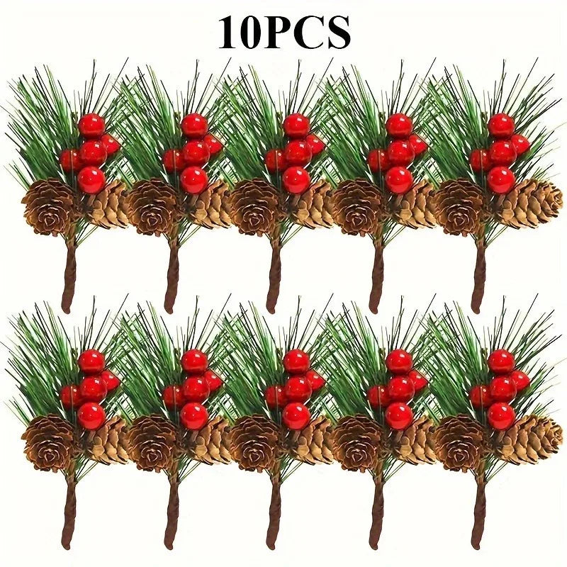 10pcs Artificial Pine Cones & Red Berries – Christmas Tree Toppers & Holiday Decor Set