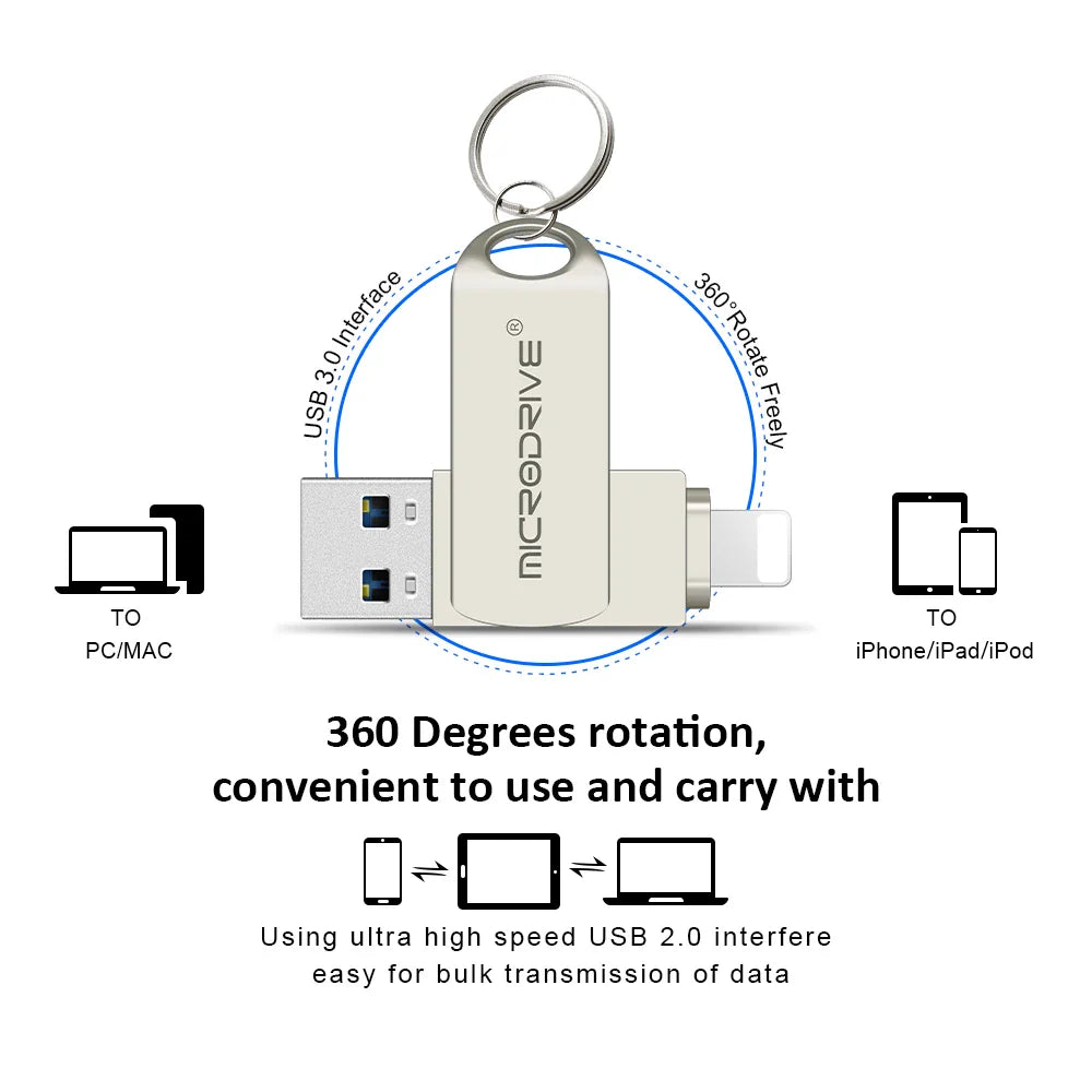 Metal OTG USB 3.0 Pen Drive – 32GB, 64GB, 128GB, 256GB Memory Stick for iPhone, iPad, Lightning, iOS