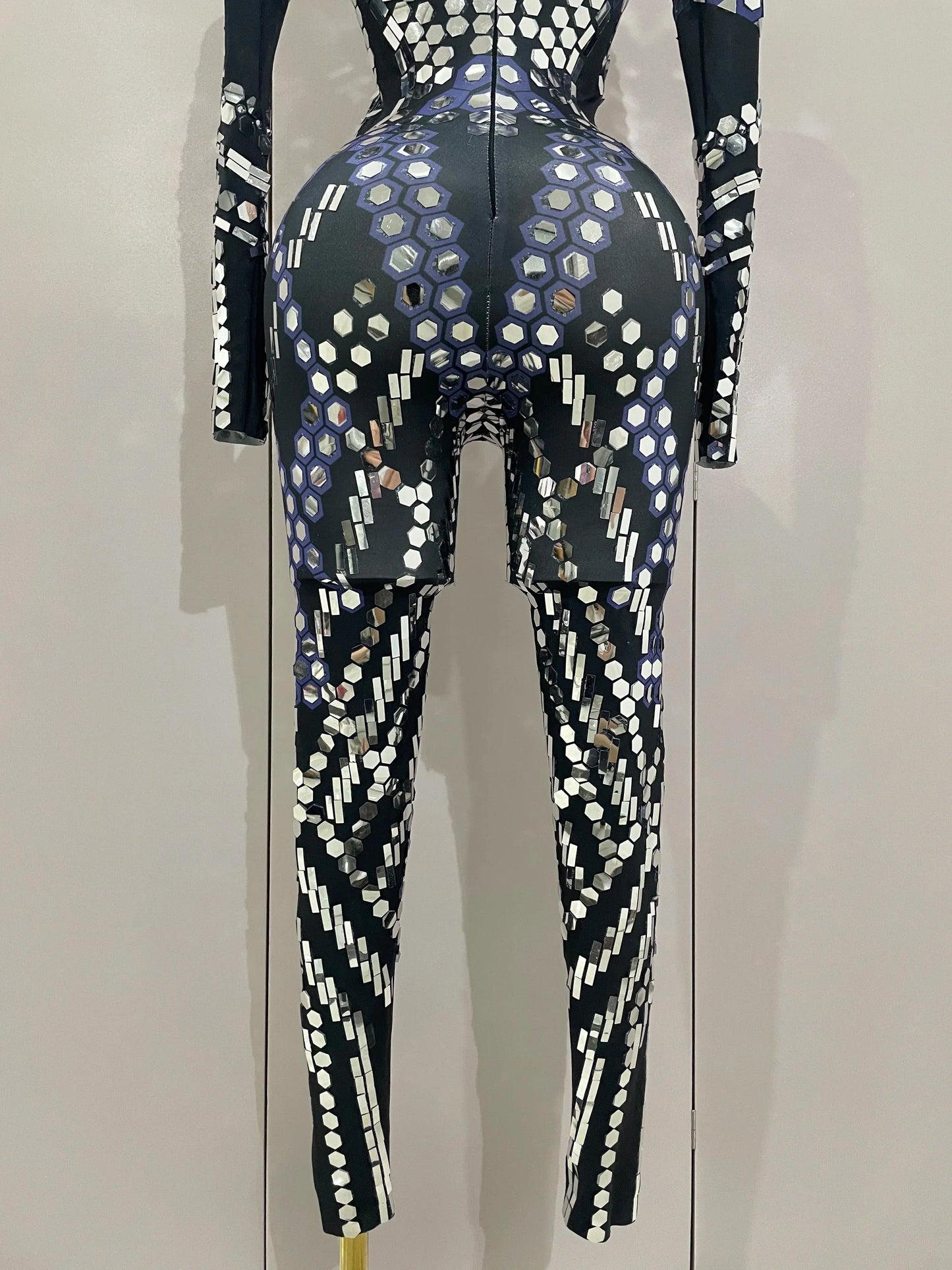 Sexy Shiny Silver Sequin & Black Spandex Jumpsuit — 2025 Women’s Prom, Dancer & Stage Performance Costume