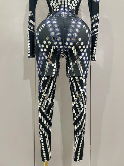 Sexy Shiny Silver Sequin & Black Spandex Jumpsuit — 2025 Women’s Prom, Dancer & Stage Performance Costume