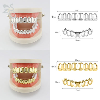 ZS Hip Hop Grillz – Silver/Gold Plated CZ Crystal Cross & Rose Star Tooth Cap, Top & Bottom Set