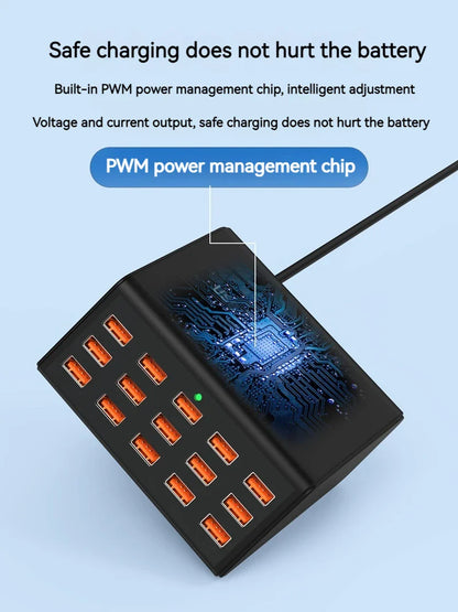 100W Desktop USB Charger — 15-Port Fast Charging Station for iPhone, iPad & Samsung Tablets