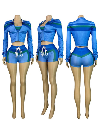 2025 Trending Women’s Summer 3-Piece Tracksuit – Color Block Sports Bra, Jacket & Shorts Gym Workout Set